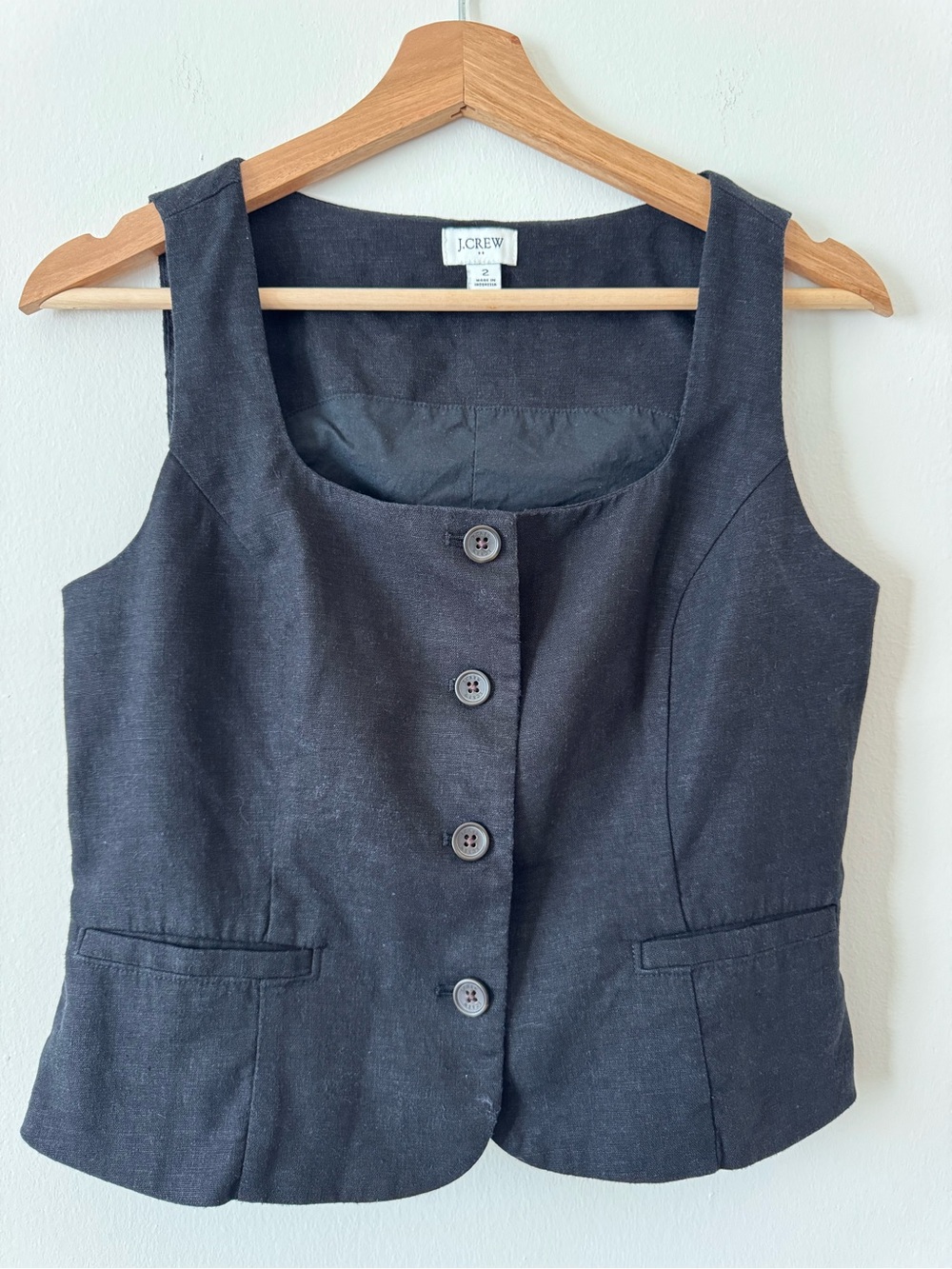 J. Crew Black Linen Blend Vest Size 2 Tailored Button Front Sleeveless Top